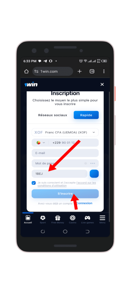 Remplir le formulaire avec le code promo 1BEJ