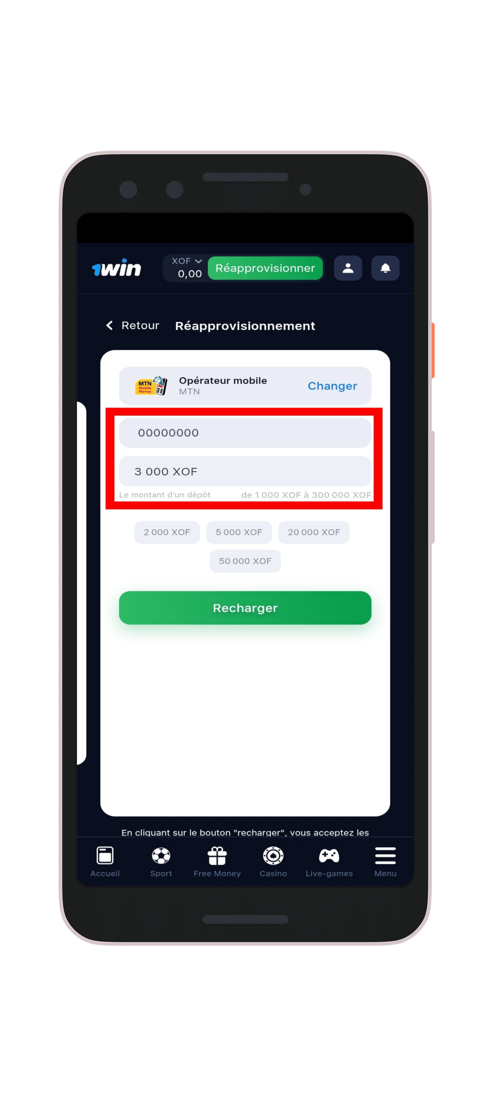 Remplissez de formulaire de recharge et confirmez