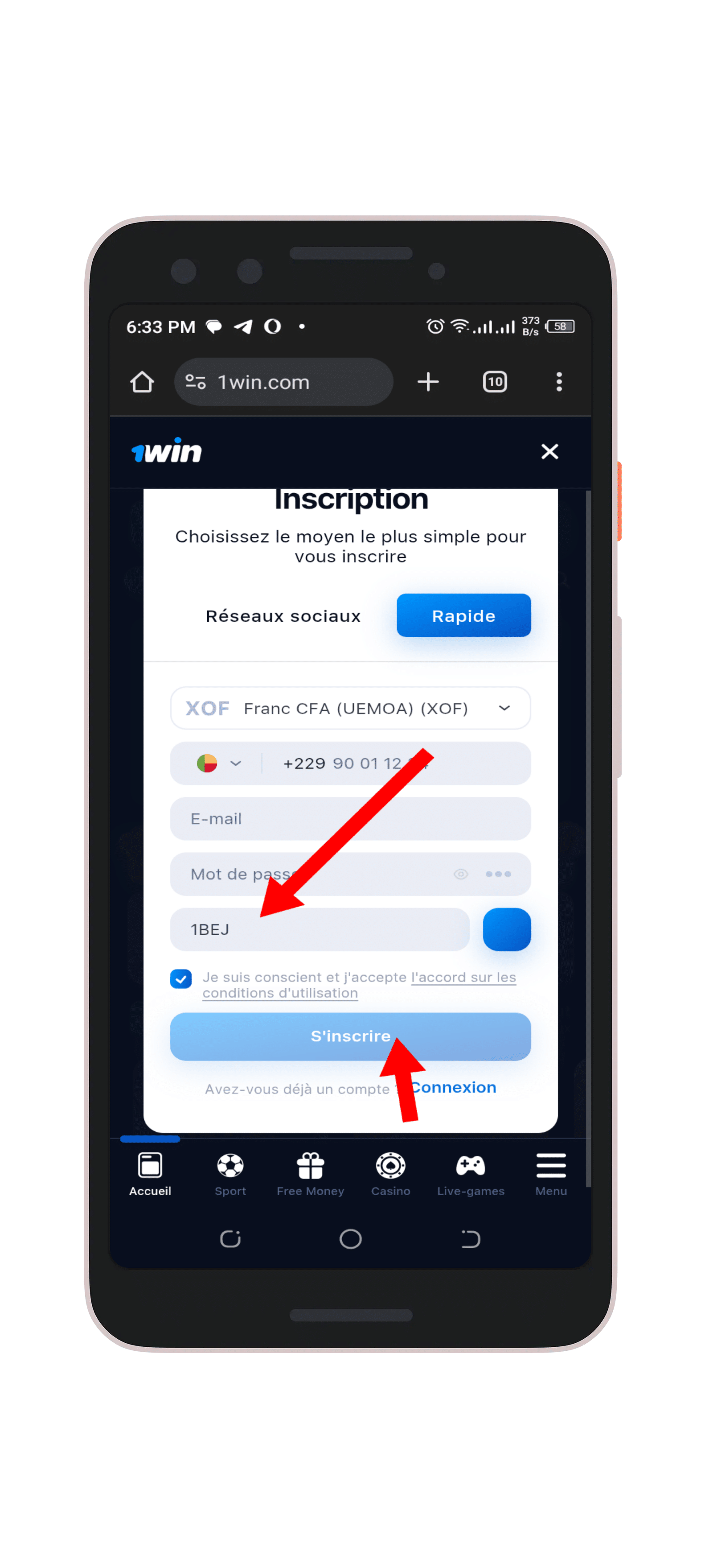 Remplir le formulaire d'inscription 1win 1win Bénin
