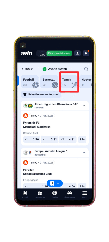 Aller dans le menu Tennis